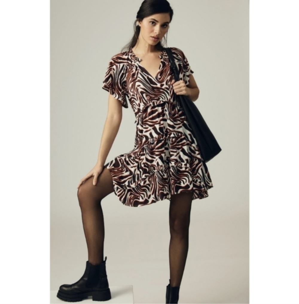 Anthropologie Robin Tiered Brown Orange & White Marble Animal Minidress Small - Picture 2 of 12